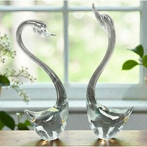 Vintage Art Glass Swan Figurine Pair Clear Glass Sculptures E Taiwan Hand Blown